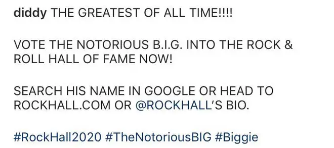 Diddy urged his followers to vote The Notorious B.I.G. into the Rock & Roll Hall Of Fame.