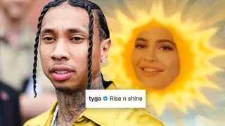 Tyga captioned his Instagram post with Kylie Jenner's viral 'Rise and shine' meme.