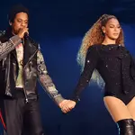 Jay-Z and Beyonce Knowles perform during the 'On the Run II' tour in Cardiff.