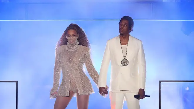 Beyonce and Jay Z on stage during the On The Run II Tour in Cardiff.