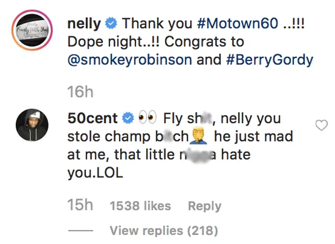 50 Cent comments underneath Nelly's photo