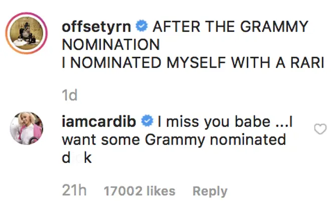 Cardi B leaves raunchy comment underneath Offset's post