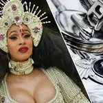 Cardi B attends the 2018 Met Gala/The Bentley logo on a vintage car.